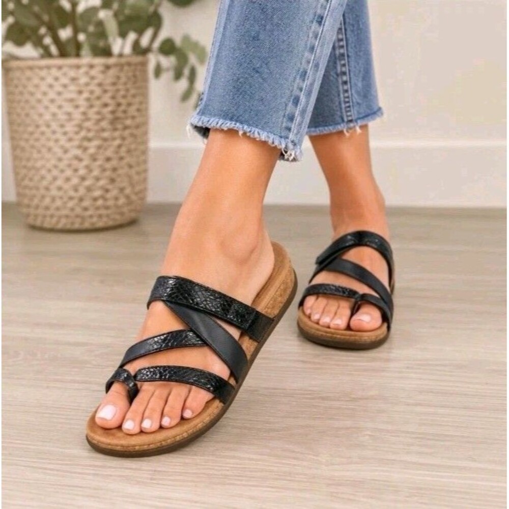 Vionic Copal Orthotic Anelle Strap Slide Sandal Size 10 Black Patent Lizard